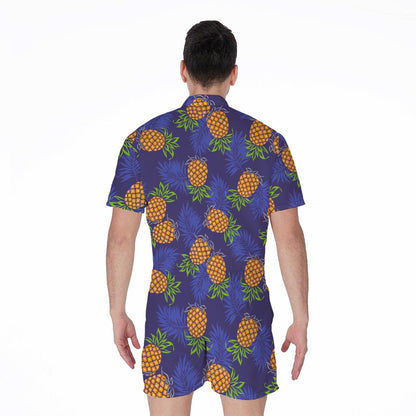 Blue Leaf Pineapple Pattern Print Men's Rompers
