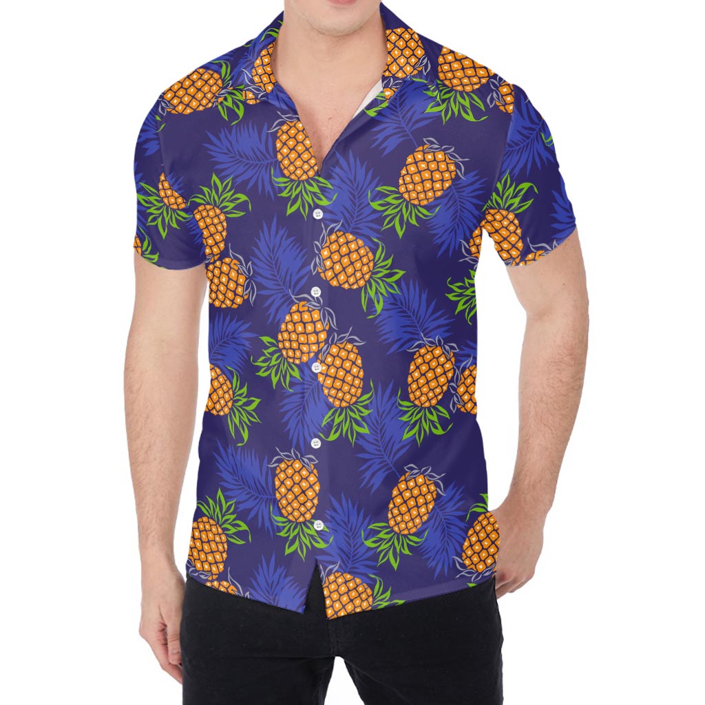 Blue Leaf Pineapple Pattern Print Men's Shirt