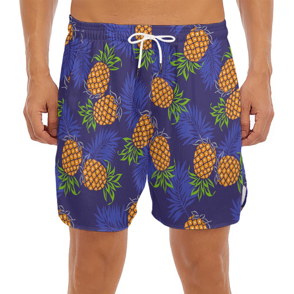 Blue Leaf Pineapple Pattern Print Men's Split Running Shorts