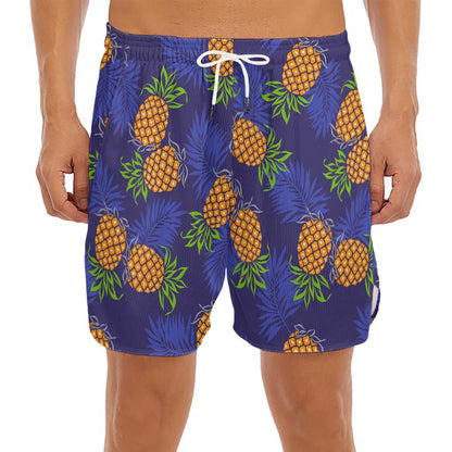 Blue Leaf Pineapple Pattern Print Men's Split Running Shorts