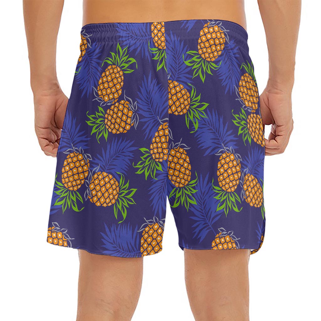 Blue Leaf Pineapple Pattern Print Men's Split Running Shorts