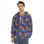 Blue Leaf Pineapple Pattern Print Men's Velvet Pullover Hoodie