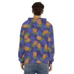 Blue Leaf Pineapple Pattern Print Men's Velvet Pullover Hoodie
