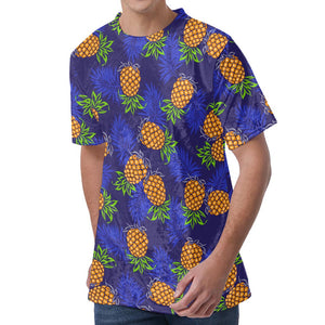 Blue Leaf Pineapple Pattern Print Men's Velvet T-Shirt