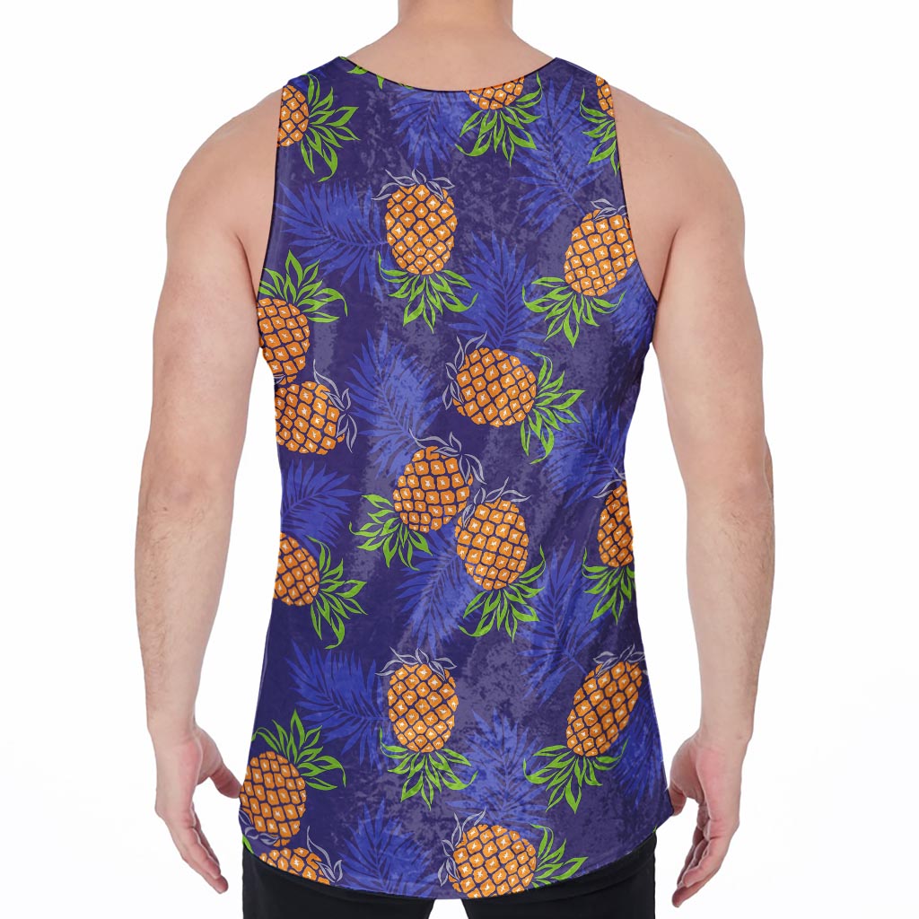 Blue Leaf Pineapple Pattern Print Men's Velvet Tank Top