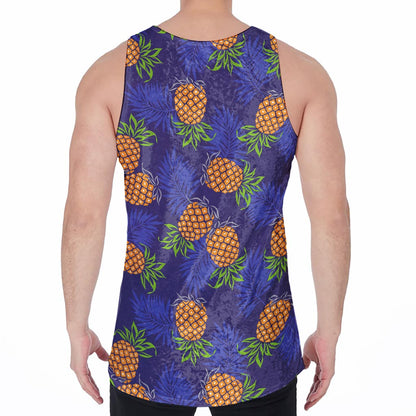 Blue Leaf Pineapple Pattern Print Men's Velvet Tank Top