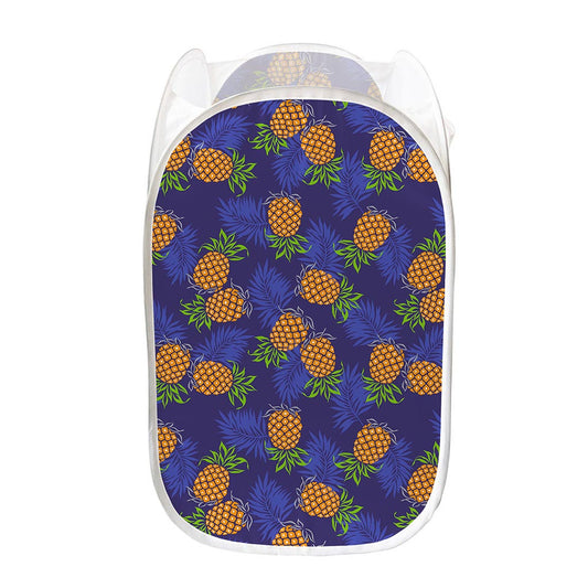 Blue Leaf Pineapple Pattern Print Mesh Laundry Hamper