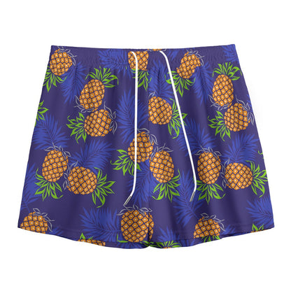 Blue Leaf Pineapple Pattern Print Mesh Shorts