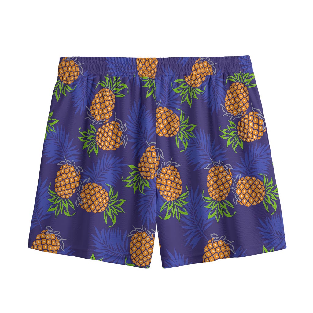 Blue Leaf Pineapple Pattern Print Mesh Shorts