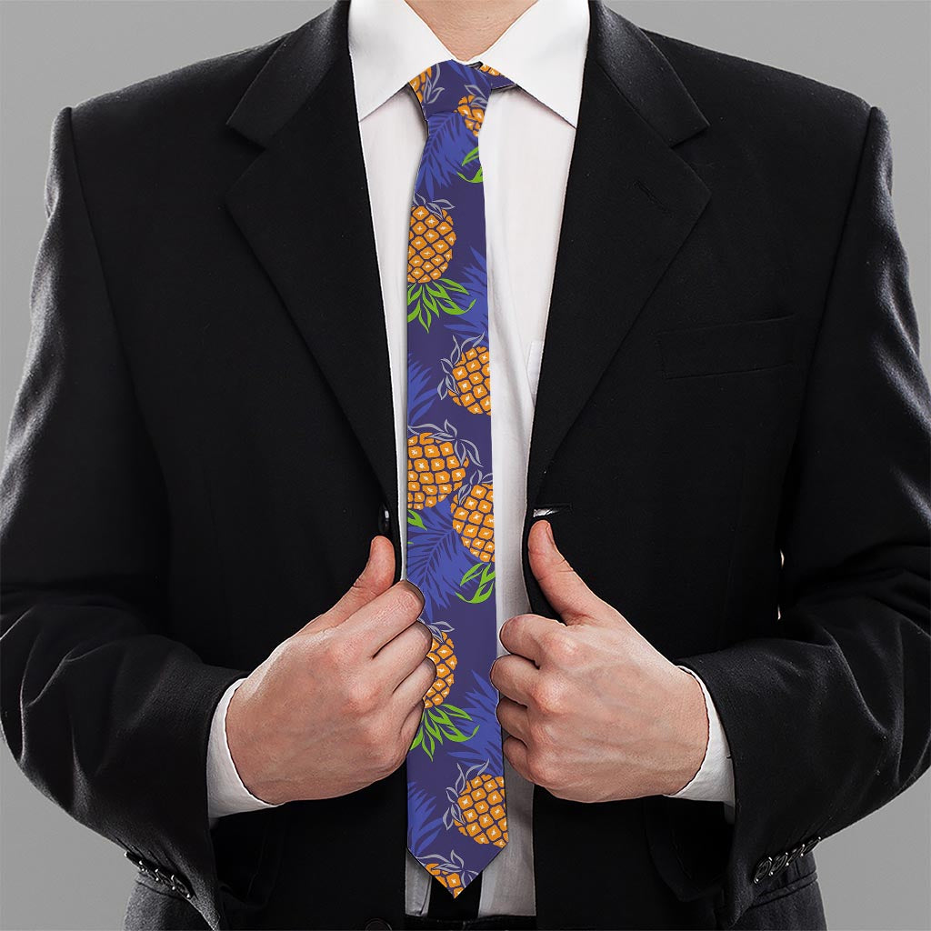 Blue Leaf Pineapple Pattern Print Necktie