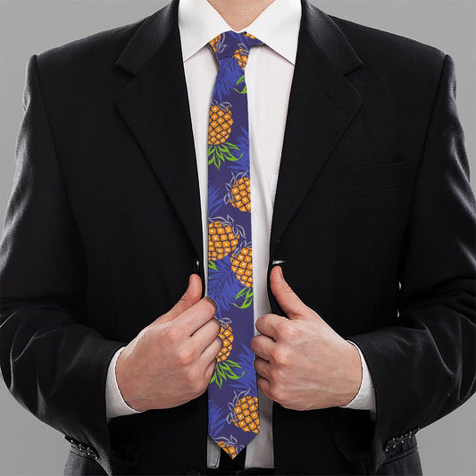 Blue Leaf Pineapple Pattern Print Necktie