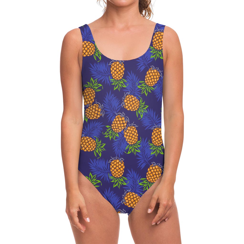 Blue Leaf Pineapple Pattern Print One Piece Swimsuit