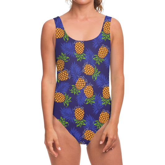 Blue Leaf Pineapple Pattern Print One Piece Swimsuit
