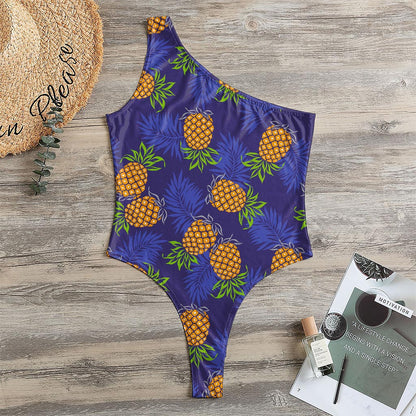 Blue Leaf Pineapple Pattern Print One Shoulder Bodysuit