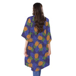 Blue Leaf Pineapple Pattern Print Open Front Beach Cover Up