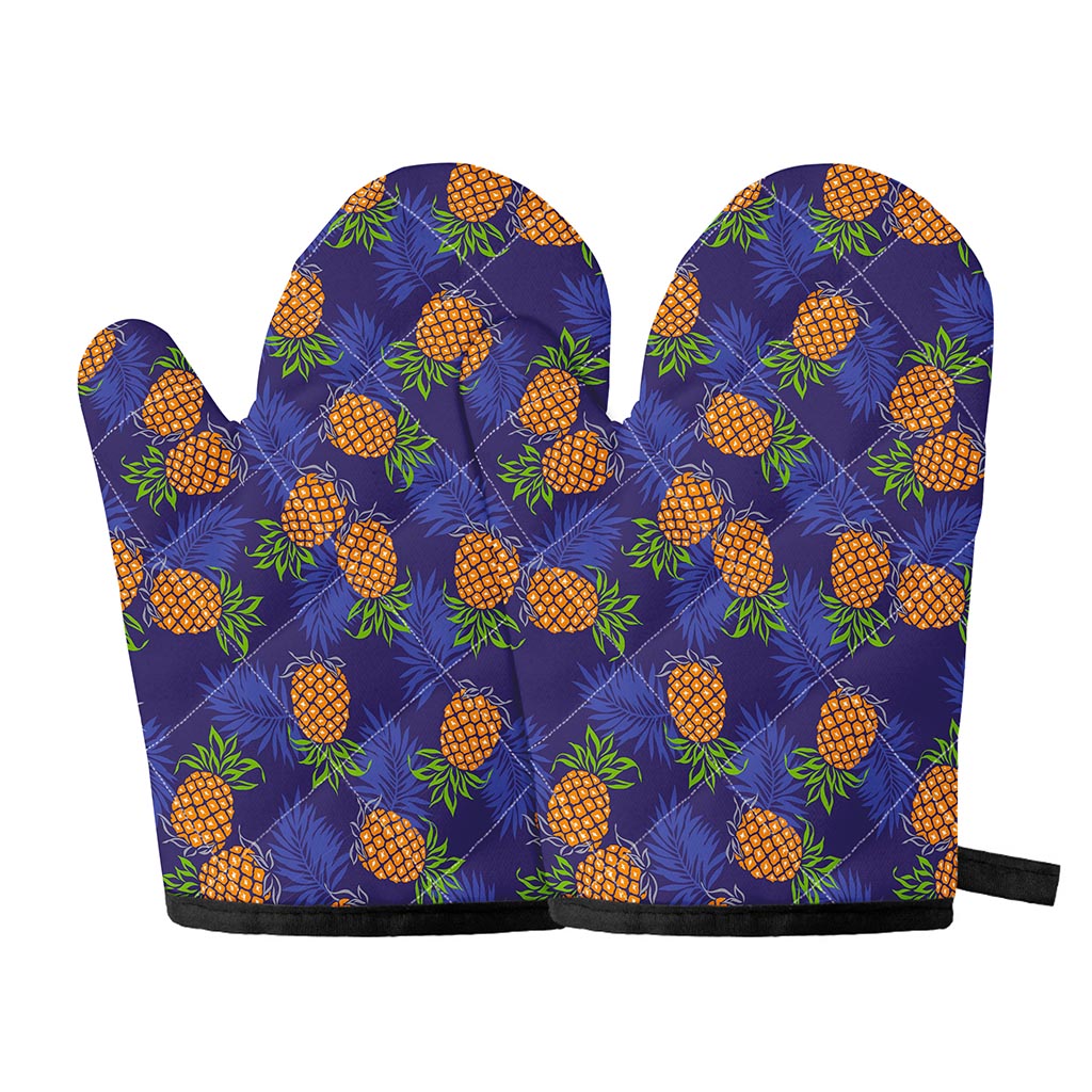 Blue Leaf Pineapple Pattern Print Oven Mitts