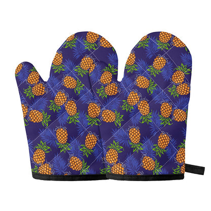 Blue Leaf Pineapple Pattern Print Oven Mitts