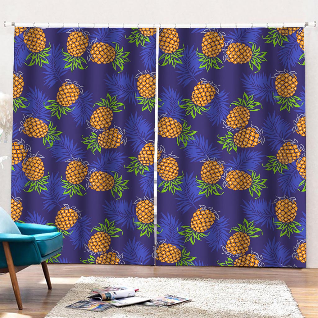 Blue Leaf Pineapple Pattern Print Pencil Pleat Curtains