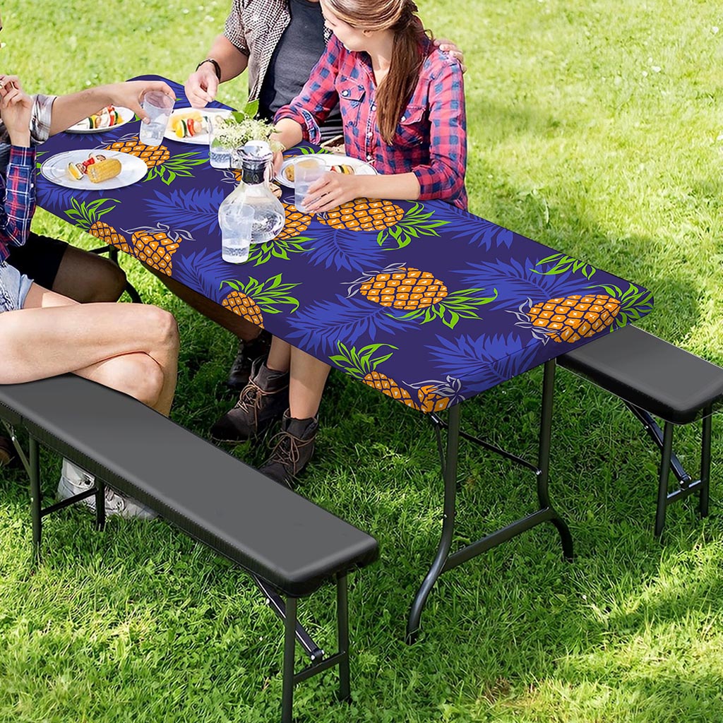 Blue Leaf Pineapple Pattern Print Picnic Table Cover