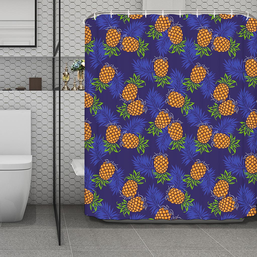 Blue Leaf Pineapple Pattern Print Polyester Shower Curtain