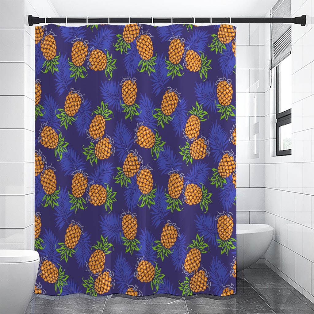 Blue Leaf Pineapple Pattern Print Premium Shower Curtain