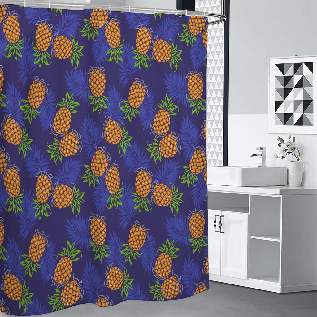 Blue Leaf Pineapple Pattern Print Premium Shower Curtain