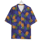 Blue Leaf Pineapple Pattern Print Rayon Hawaiian Shirt