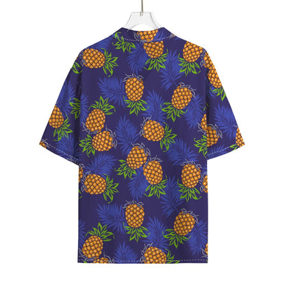 Blue Leaf Pineapple Pattern Print Rayon Hawaiian Shirt