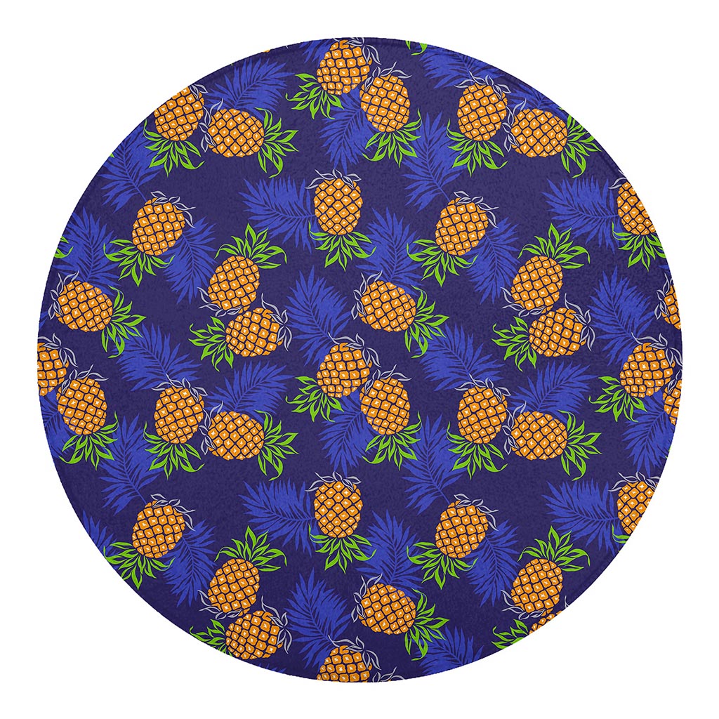 Blue Leaf Pineapple Pattern Print Round Blanket
