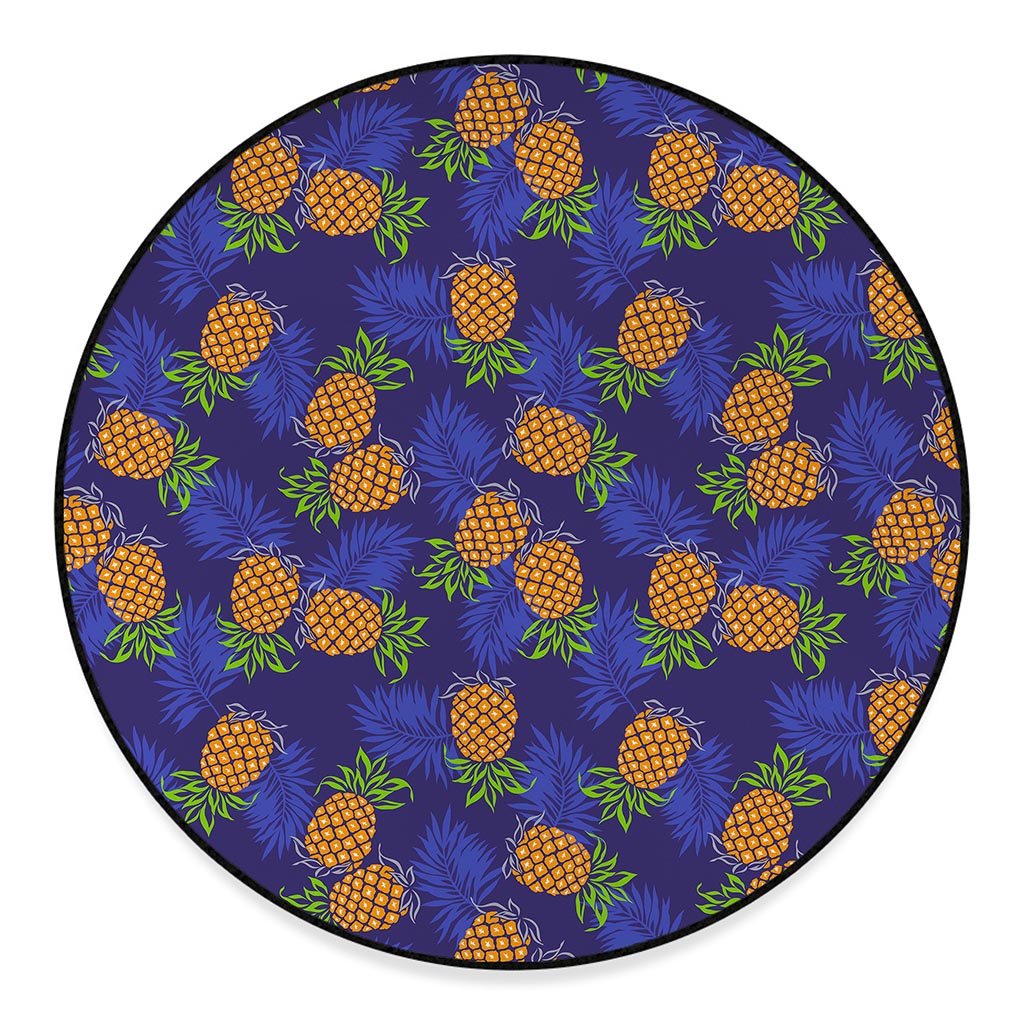 Blue Leaf Pineapple Pattern Print Round Floor Mat