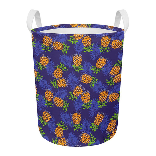 Blue Leaf Pineapple Pattern Print Round Laundry Basket