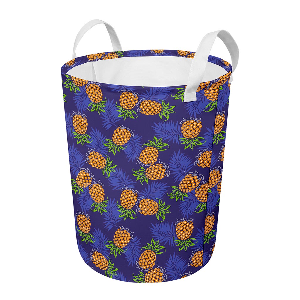 Blue Leaf Pineapple Pattern Print Round Laundry Basket