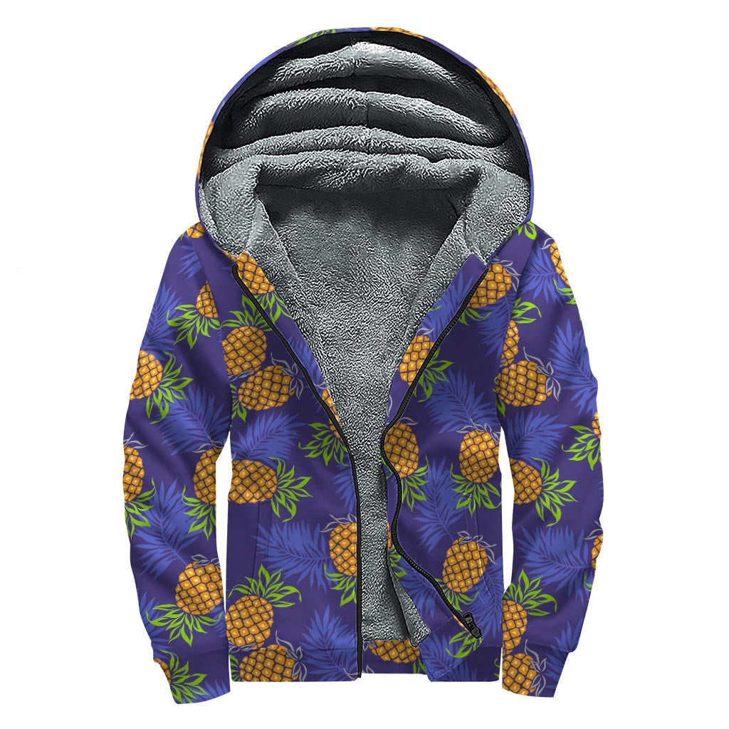 Blue Leaf Pineapple Pattern Print Sherpa Lined Zip Up Hoodie