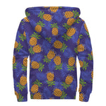 Blue Leaf Pineapple Pattern Print Sherpa Lined Zip Up Hoodie