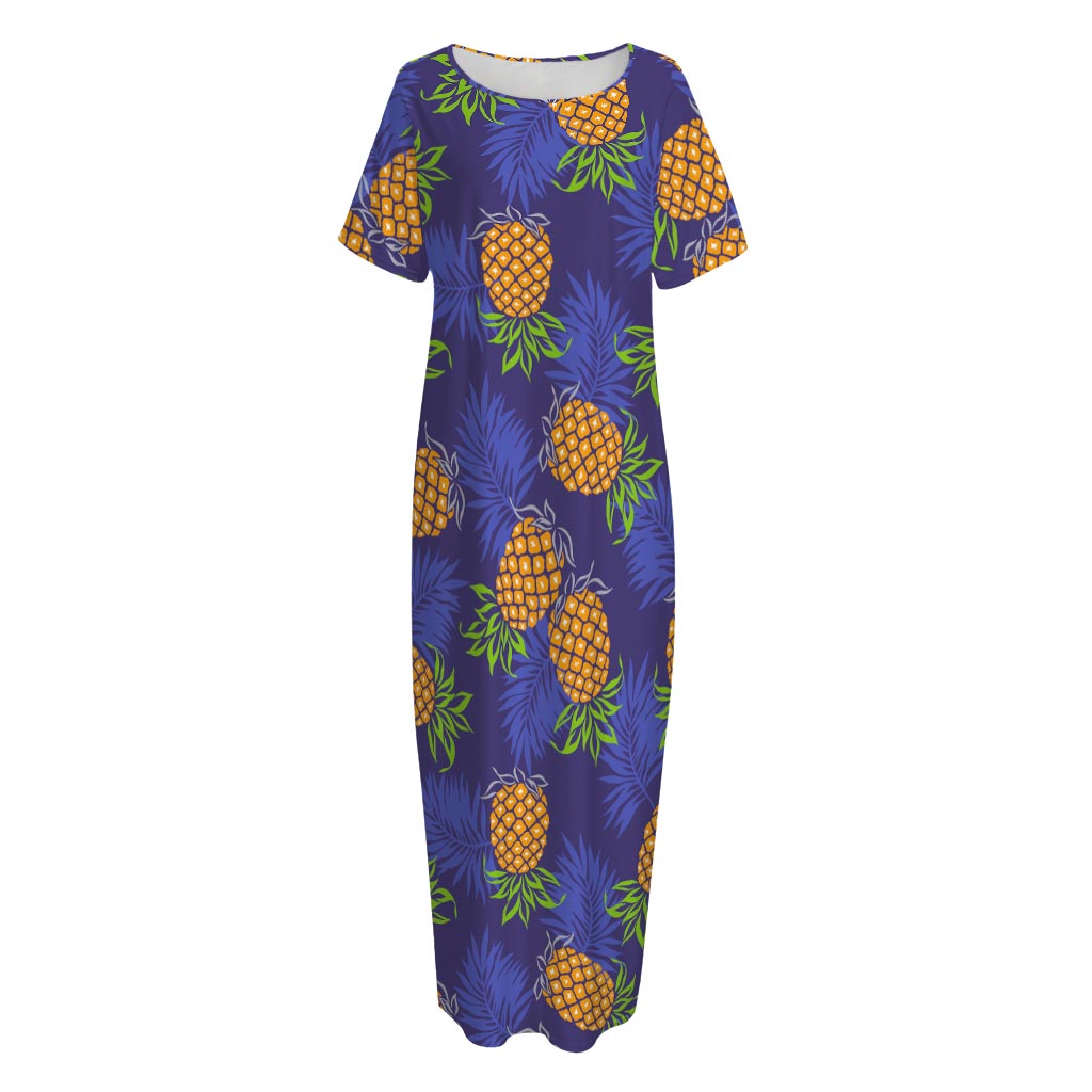 Blue Leaf Pineapple Pattern Print Short Sleeve Long Nightdress