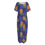 Blue Leaf Pineapple Pattern Print Short Sleeve Long Nightdress