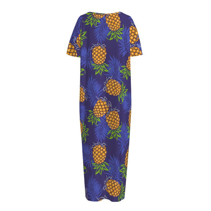 Blue Leaf Pineapple Pattern Print Short Sleeve Long Nightdress