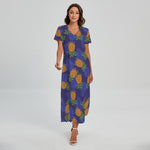 Blue Leaf Pineapple Pattern Print Short Sleeve Maxi Dress