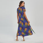 Blue Leaf Pineapple Pattern Print Short Sleeve Maxi Dress
