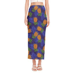 Blue Leaf Pineapple Pattern Print Side Slit Maxi Skirt