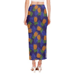 Blue Leaf Pineapple Pattern Print Side Slit Maxi Skirt