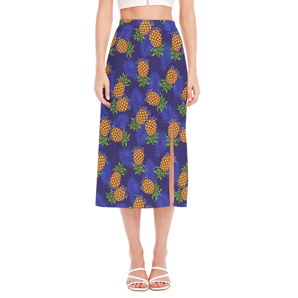 Blue Leaf Pineapple Pattern Print Side Slit Midi Skirt