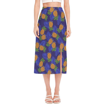 Blue Leaf Pineapple Pattern Print Side Slit Midi Skirt