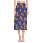 Blue Leaf Pineapple Pattern Print Side Slit Midi Skirt