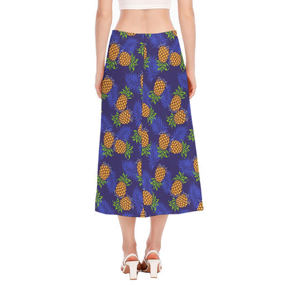 Blue Leaf Pineapple Pattern Print Side Slit Midi Skirt