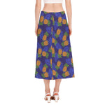 Blue Leaf Pineapple Pattern Print Side Slit Midi Skirt