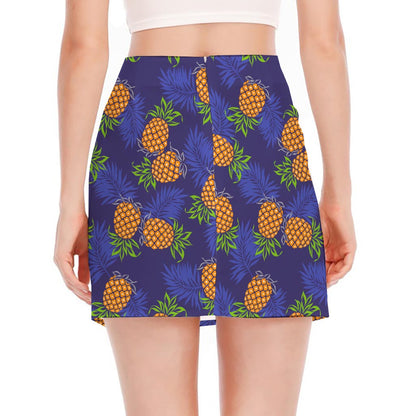 Blue Leaf Pineapple Pattern Print Side Slit Mini Skirt