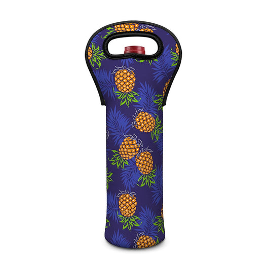 Blue Leaf Pineapple Pattern Print Single Neoprene Wine Tote