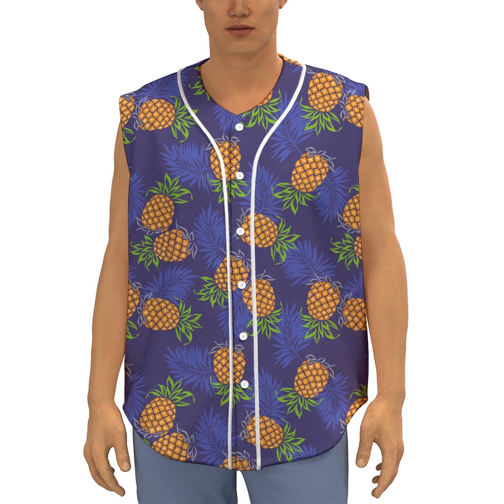 Blue Leaf Pineapple Pattern Print Sleeveless Baseball Jersey