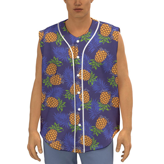 Blue Leaf Pineapple Pattern Print Sleeveless Baseball Jersey